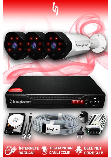 3 Kameralı Uzay 3 Dış Kamera Set 1 Tb HDD Full Hd Gece Görüşlü Güvenlik Kamerası Sistemi