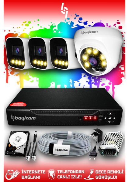4 Kameralı Zebra 1 Iç Kamera Set 1 Tb HDD Full Hd Renkli Gece Görüşlü Güvenlik Kamerası Sistemi
