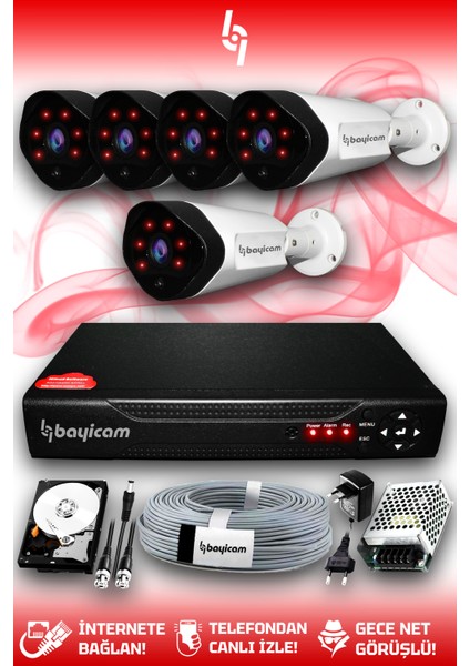 5 Kameralı Uzay 5 Dış Kamera Set 1 Tb HDD Full Hd Gece Görüşlü Güvenlik Kamerası Sistemi