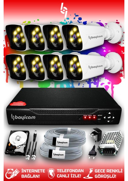 8 Kameralı Kare 8 Dış Kamera Set 2 Tb HDD Full Hd Renkli Gece Görüşlü Güvenlik Kamerası Sistemi