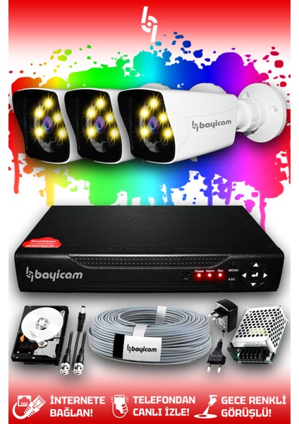 3 Kameralı Kare 3 Dış Kamera Set 100 GB HDD Full Hd Renkli Gece Görüşlü Güvenlik Kamerası Sistemi