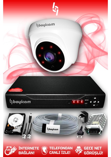 1 Kameralı Dome 1 Iç Kamera Set 1 Tb HDD Full Hd Gece Görüşlü Güvenlik Kamerası Sistemi