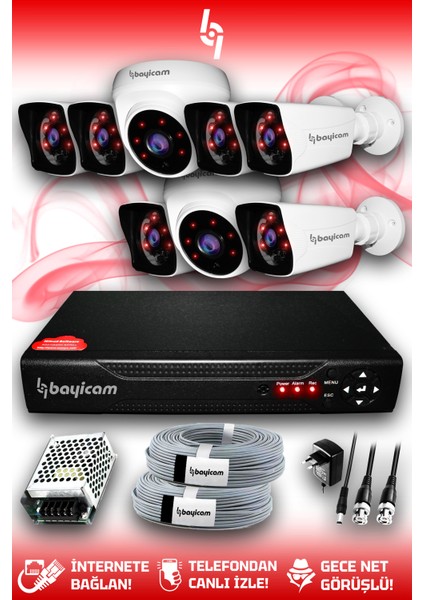 8 Kameralı Kare 2 Iç Kamera Set Hdd'siz Full Hd Gece Görüşlü Güvenlik Kamerası Sistemi