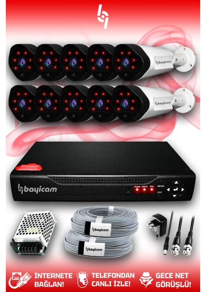 10 Kameralı Uzay 10 Dış Kamera Set Hdd'siz Full Hd Gece Görüşlü Güvenlik Kamerası Sistemi