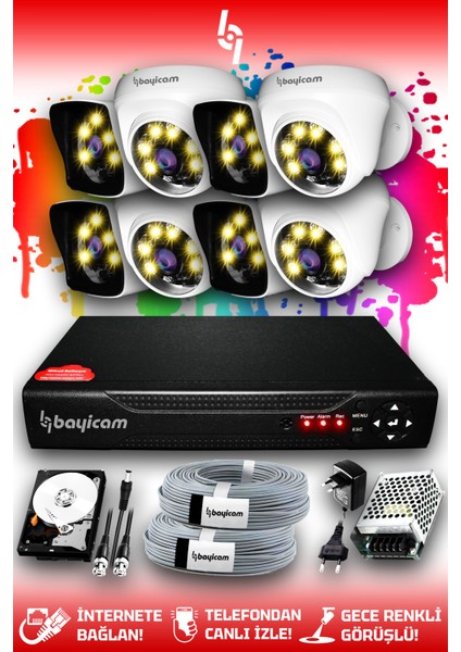 8 Kameralı Kare 4 Iç Kamera Set 500 GB HDD Full Hd Renkli Gece Görüşlü Güvenlik Kamerası Sistemi