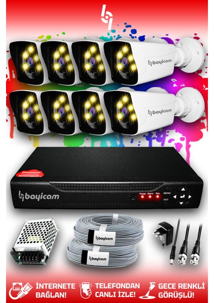 8 Kameralı Süper 8 Dış Kamera Set HDD'siz 5 MP Full HD Renkli Renkli Gece Görüşlü Güvenlik Kamerası Sistemi
