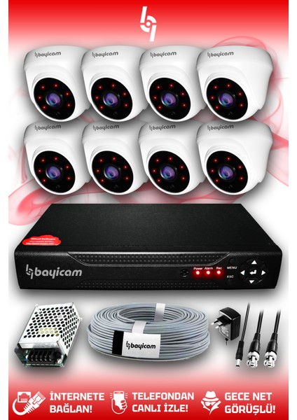 8 Kameralı Dome 8 Iç Kamera Set Hdd'siz Full Hd Gece Görüşlü Güvenlik Kamerası Sistemi