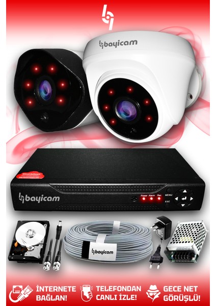 2 Kameralı Uzay 1 Iç Kamera Set 250 GB HDD Full Hd Gece Görüşlü Güvenlik Kamerası Sistemi