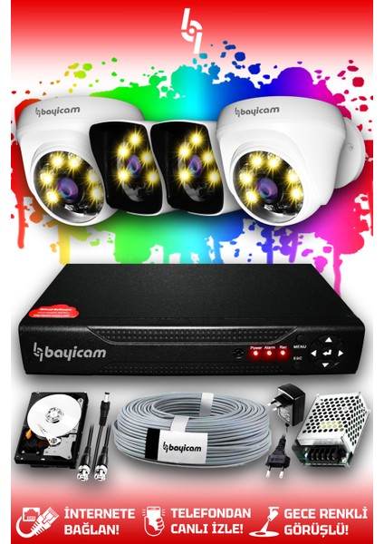 4 Kameralı Kare 2 Iç Kamera Set 320 GB HDD Full Hd Renkli Gece Görüşlü Güvenlik Kamerası Sistemi