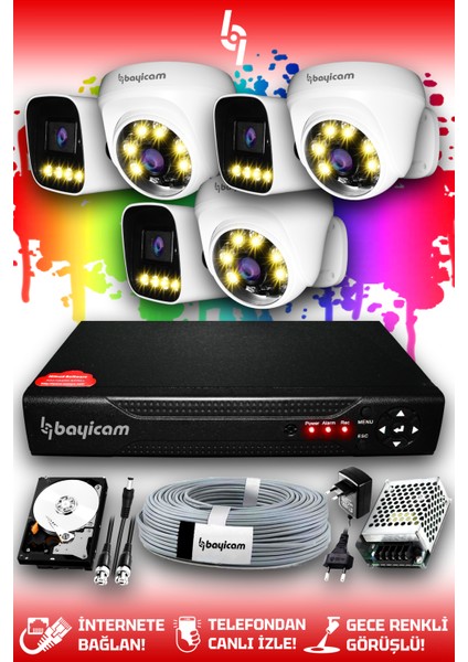 6 Kameralı Zebra 3 Iç Kamera Set 1 Tb HDD Full Hd Renkli Gece Görüşlü Güvenlik Kamerası Sistemi
