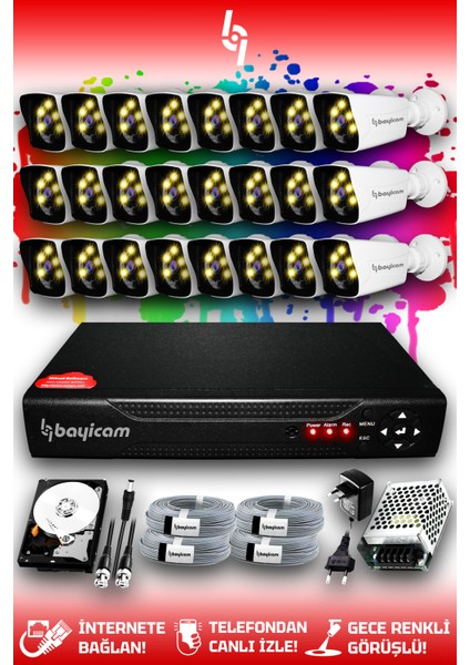 24 Kameralı Süper 24 Dış Kamera Set 2 TB 5 MP Full HD Renkli Renkli Gece Görüşlü Güvenlik Kamerası Sistemi