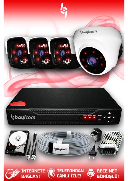 4 Kameralı Panda 1 Iç Kamera Set 250 GB HDD Full Hd Gece Görüşlü Güvenlik Kamerası Sistemi