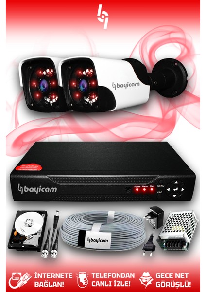 2 Kameralı Panda 2 Dış Kamera Set 2 Tb HDD Full Hd Gece Görüşlü Güvenlik Kamerası Sistemi