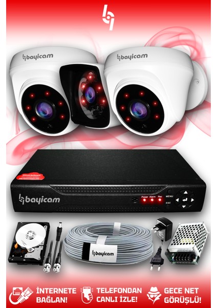 3 Kameralı Kare 2 Iç Kamera Set 500 GB HDD Full Hd Gece Görüşlü Güvenlik Kamerası Sistemi