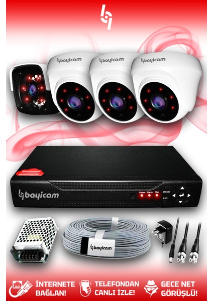 4 Kameralı Panda 3 Iç Kamera Set Hdd'siz Full Hd Gece Görüşlü Güvenlik Kamerası Sistemi