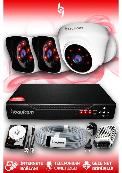 3 Kameralı Kare 1 Iç Kamera Set 500 GB HDD Full Hd Gece Görüşlü Güvenlik Kamerası Sistemi
