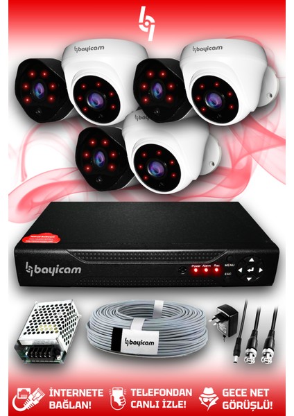 6 Kameralı Uzay 3 Iç Kamera Set Hdd'siz Full Hd Gece Görüşlü Güvenlik Kamerası Sistemi