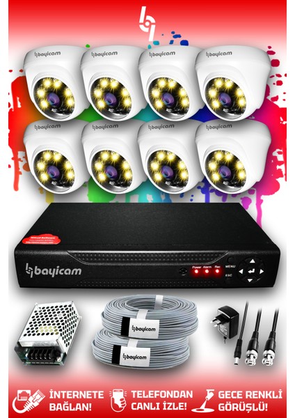 8 Kameralı Dome 8 Iç Kamera Set Hdd'siz Full Hd Renkli Gece Görüşlü Güvenlik Kamerası Sistemi