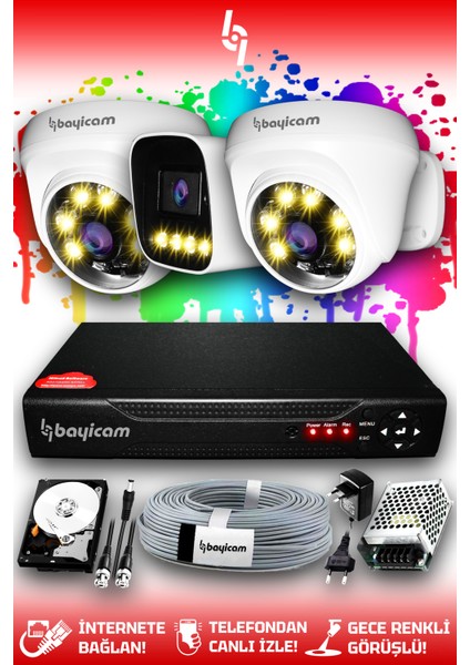 3 Kameralı Zebra 2 Iç Kamera Set 320 GB HDD Full Hd Renkli Gece Görüşlü Güvenlik Kamerası Sistemi
