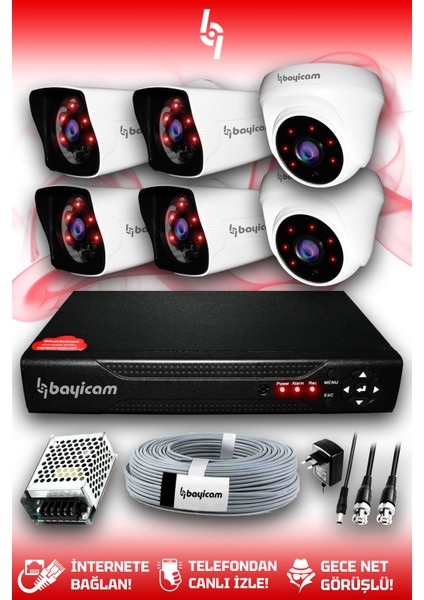 6 Kameralı Kare 2 Iç Kamera Set Hdd'siz Full Hd Gece Görüşlü Güvenlik Kamerası Sistemi