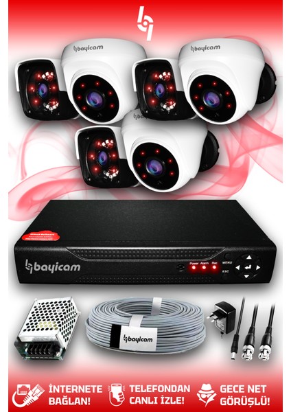 6 Kameralı Panda 3 Iç Kamera Set Hdd'siz Full Hd Gece Görüşlü Güvenlik Kamerası Sistemi