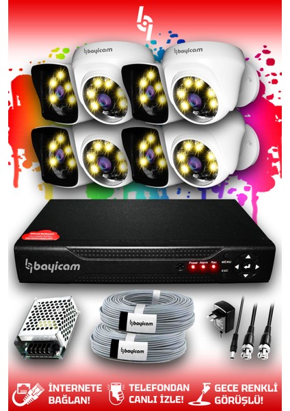8 Kameralı Süper 4 İç Kamera Set HDD'siz 5 MP Full HD Renkli Renkli Gece Görüşlü Güvenlik Kamerası Sistemi