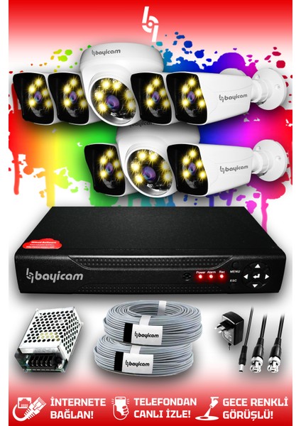 8 Kameralı Süper 2 İç Kamera Set HDD'siz 5 MP Full HD Renkli Renkli Gece Görüşlü Güvenlik Kamerası Sistemi