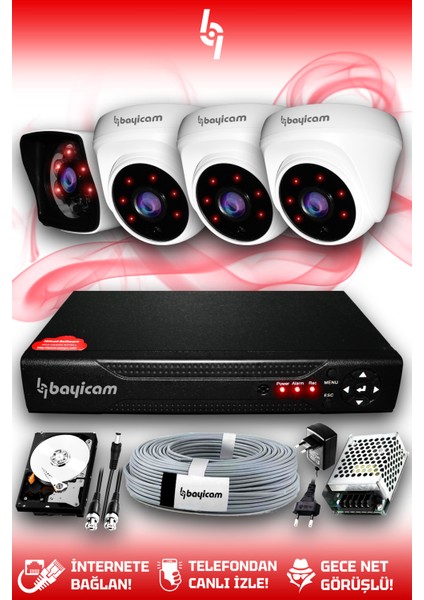 4 Kameralı Kare 3 Iç Kamera Set 1 Tb HDD Full Hd Gece Görüşlü Güvenlik Kamerası Sistemi