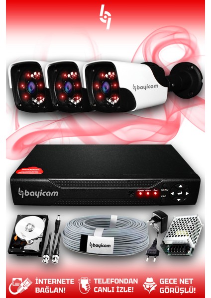 3 Kameralı Panda 3 Dış Kamera Set 2 Tb HDD Full Hd Gece Görüşlü Güvenlik Kamerası Sistemi