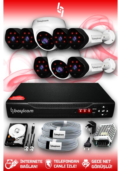 8 Kameralı Uzay 2 Iç Kamera Set 500 GB HDD Full Hd Gece Görüşlü Güvenlik Kamerası Sistemi