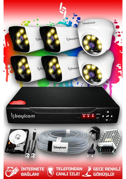 6 Kameralı Kare 2 Iç Kamera Set 100 GB HDD Full Hd Renkli Gece Görüşlü Güvenlik Kamerası Sistemi