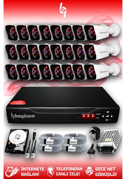 24 Kameralı Kare 24 Dış Kamera Set 250 GB HDD Full Hd Gece Görüşlü Güvenlik Kamerası Sistemi