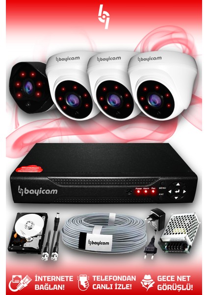 4 Kameralı Uzay 3 Iç Kamera Set 100 GB HDD Full Hd Gece Görüşlü Güvenlik Kamerası Sistemi