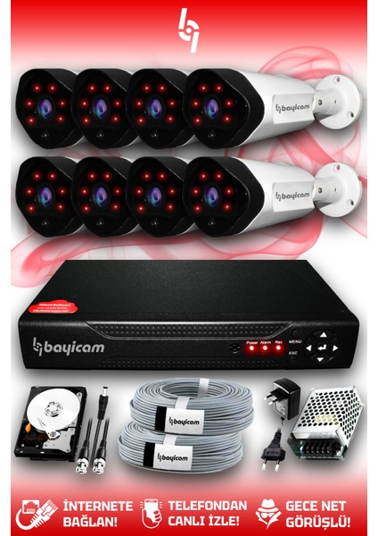 8 Kameralı Uzay 8 Dış Kamera Set 2 Tb HDD Full Hd Gece Görüşlü Güvenlik Kamerası Sistemi