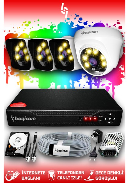 4 Kameralı Kare 1 Iç Kamera Set 500 GB HDD Full Hd Renkli Gece Görüşlü Güvenlik Kamerası Sistemi