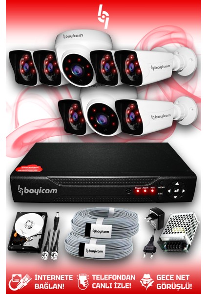 8 Kameralı Kare 2 Iç Kamera Set 250 GB HDD Full Hd Gece Görüşlü Güvenlik Kamerası Sistemi