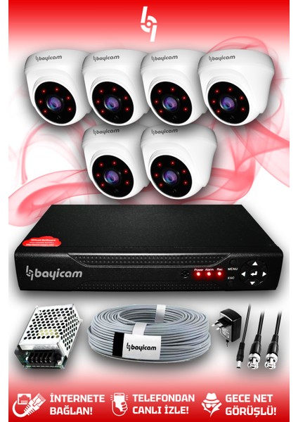 6 Kameralı Dome 6 Iç Kamera Set Hdd'siz Full Hd Gece Görüşlü Güvenlik Kamerası Sistemi