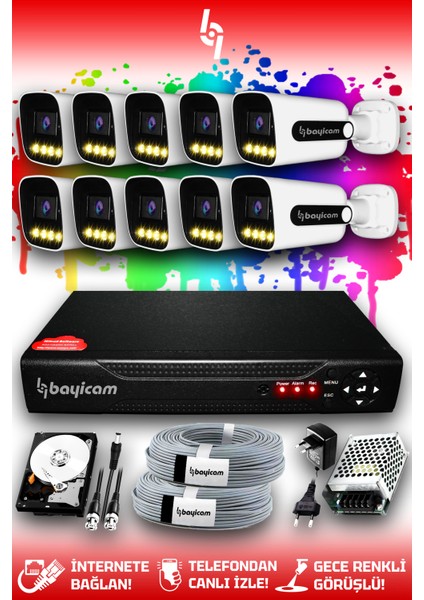 10 Kameralı Zebra 10 Dış Kamera Set 250 GB HDD Full Hd Renkli Gece Görüşlü Güvenlik Kamerası Sistemi