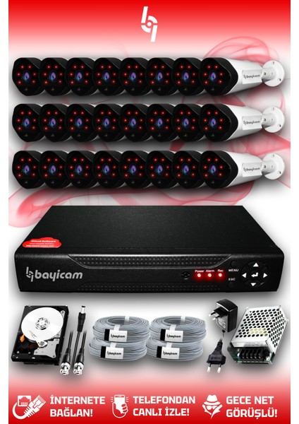 24 Kameralı Uzay 24 Dış Kamera Set 100 GB HDD Full Hd Gece Görüşlü Güvenlik Kamerası Sistemi