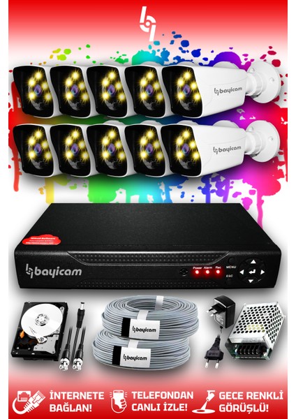 10 Kameralı Kare 10 Dış Kamera Set 250 GB HDD Full Hd Renkli Gece Görüşlü Güvenlik Kamerası Sistemi