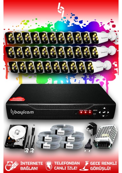 32 Kameralı Kare 32 Dış Kamera Set 100 GB HDD Full Hd Renkli Gece Görüşlü Güvenlik Kamerası Sistemi