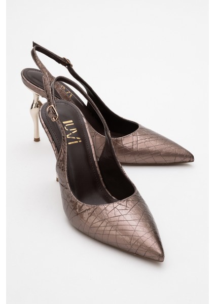 Chica Bronz Desenli Arkası Açık Sivri Burun Kadın Topuklu Ayakkabı