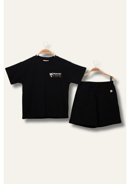 Erkek Çoçuk Sörf Baskılı T-Shirt Kısa Şort Takım - Siyah