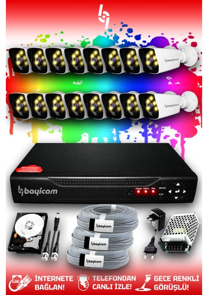 16 Kameralı Kare 16 Dış Kamera Set 100 GB HDD Full Hd Renkli Gece Görüşlü Güvenlik Kamerası Sistemi
