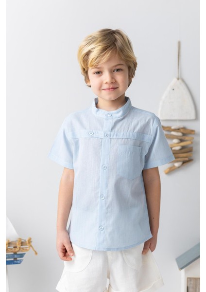 Erkek Bebek Hakim Yaka Kısa Kollu Gömlek - Açık Mavi