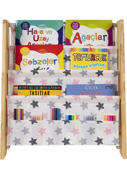 Doğal Ahşap Montessori Çocuk Kitaplığı Pembe Kumaşlı