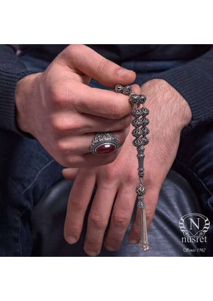 Nusrettaki 925 Ayar Gümüş Delikli Top Tesbih Desenli İmame indirimleri