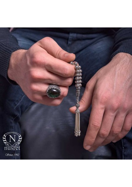 Nusrettaki 925 Ayar Gümüş Desenli Top Tesbih Osmanlı Arması İmame