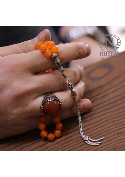 925 Ayar Gümüş Turuncu Renkli Kehribar Tesbih