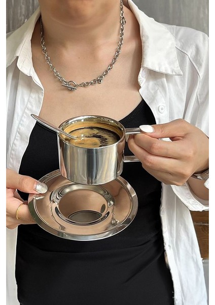 Çelik 3 Parça 200 ml Çift Cidarlı Espresso Kahve Fincan Seti Sunum Bardağı MT119